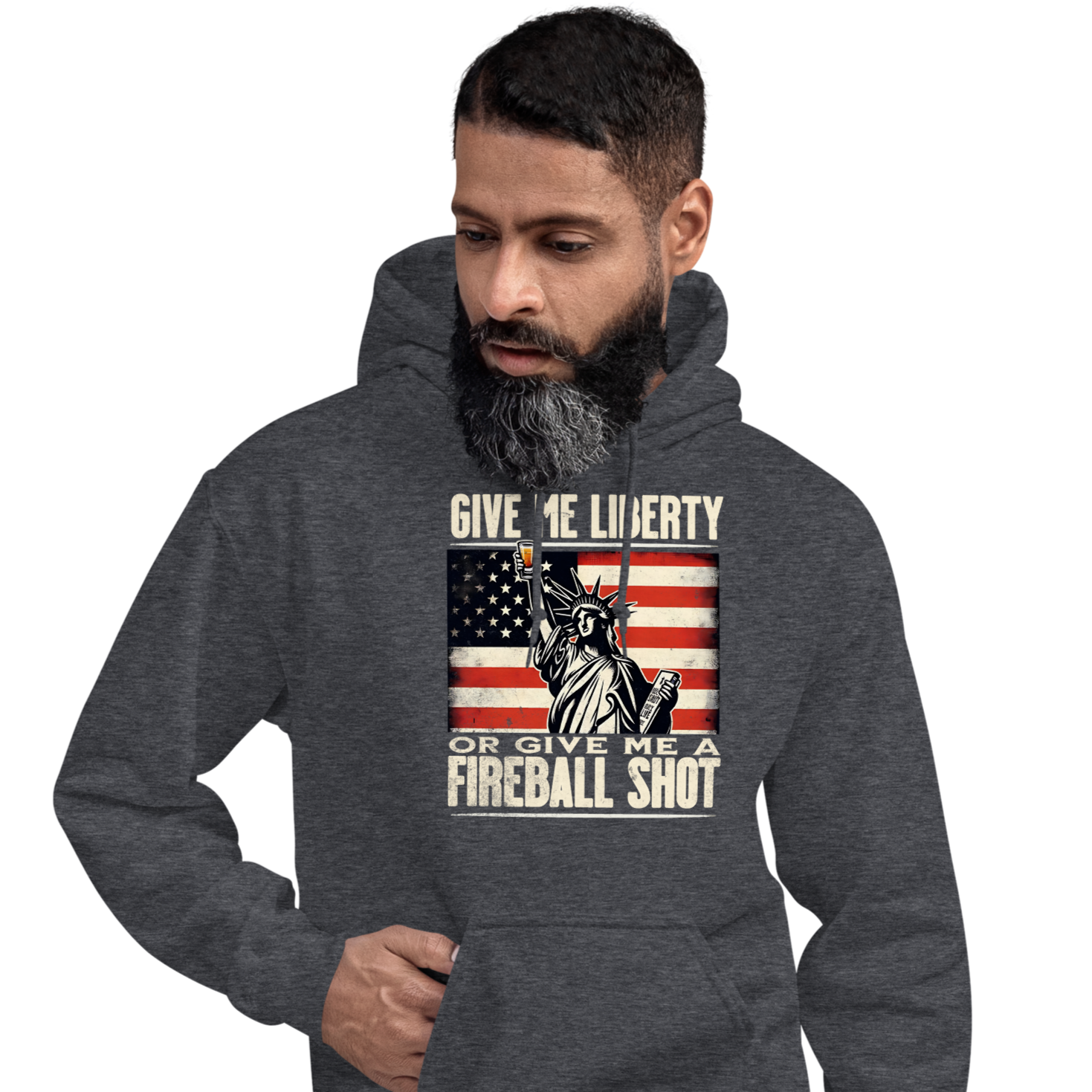 Hoodie with 'Give Me Liberty or Give Me a Fireball Shot' text, Statue of Liberty holding a shot glass, and distressed American flag background. Perfect for 4th of July.