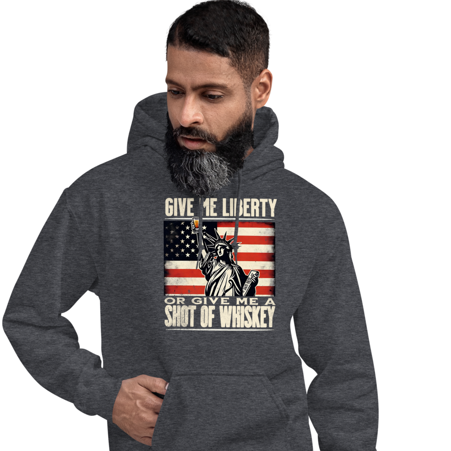 'Give Me Liberty or Give Me Whiskey' text, Statue of Liberty holding a shot glass, and distressed American flag background