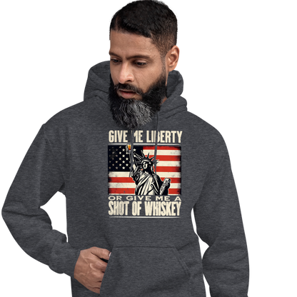 'Give Me Liberty or Give Me Whiskey' text, Statue of Liberty holding a shot glass, and distressed American flag background