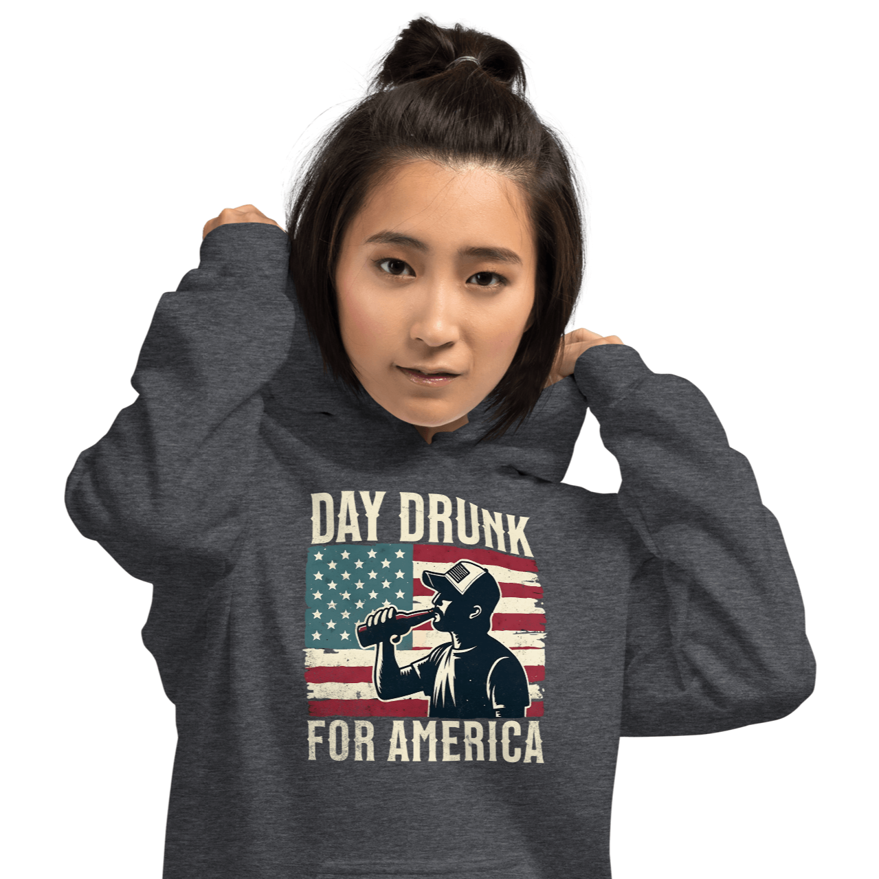 Hoodie with Day Drunk for America text, silhouette of a man drinking a bottle of beer, and distressed American flag background. Perfect for 4th of July.