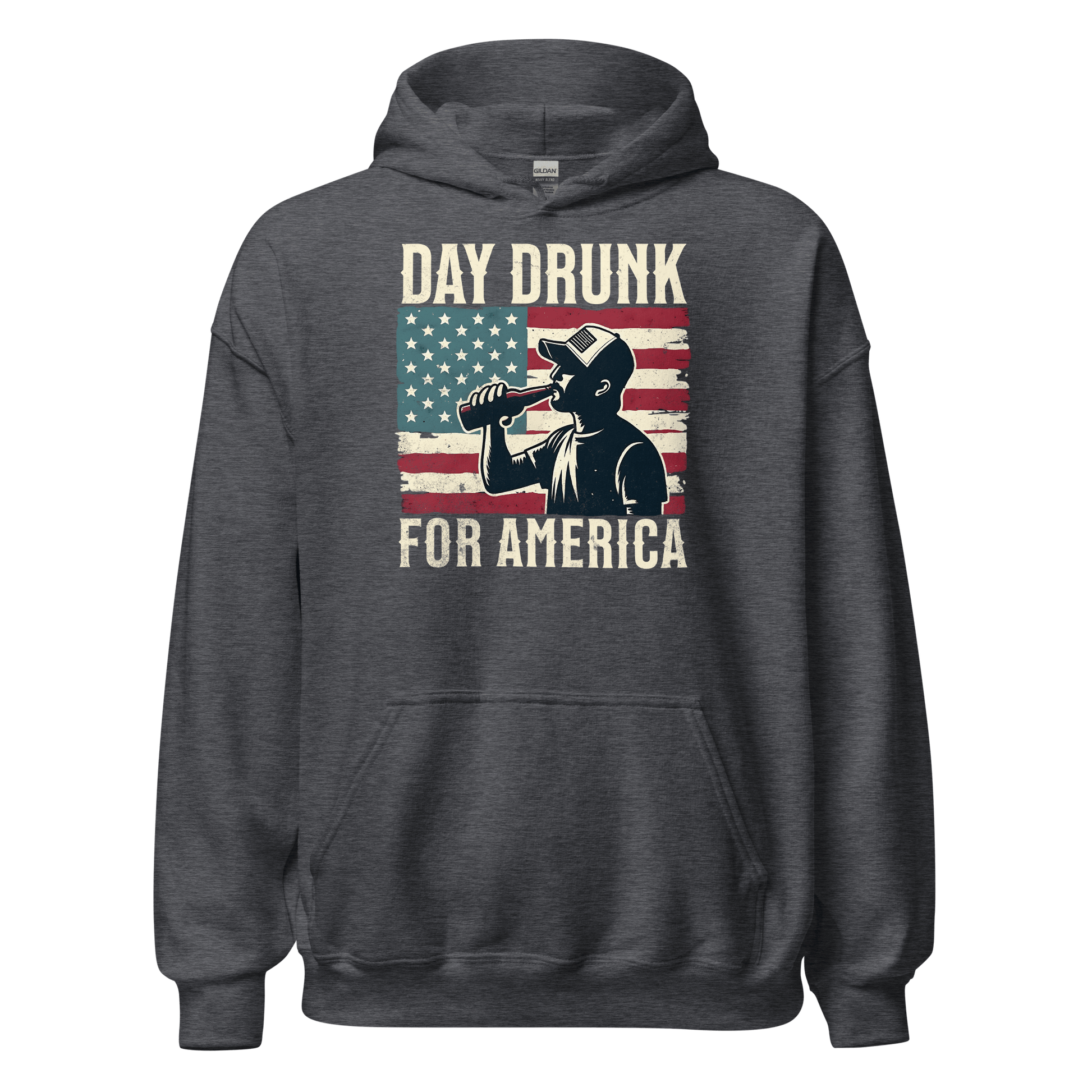 Hoodie with Day Drunk for America text, silhouette of a man drinking a bottle of beer, and distressed American flag background. Perfect for 4th of July.