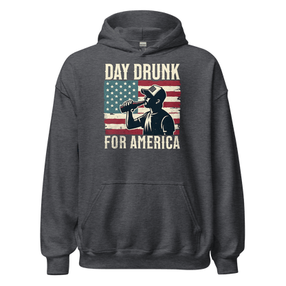 Hoodie with Day Drunk for America text, silhouette of a man drinking a bottle of beer, and distressed American flag background. Perfect for 4th of July.