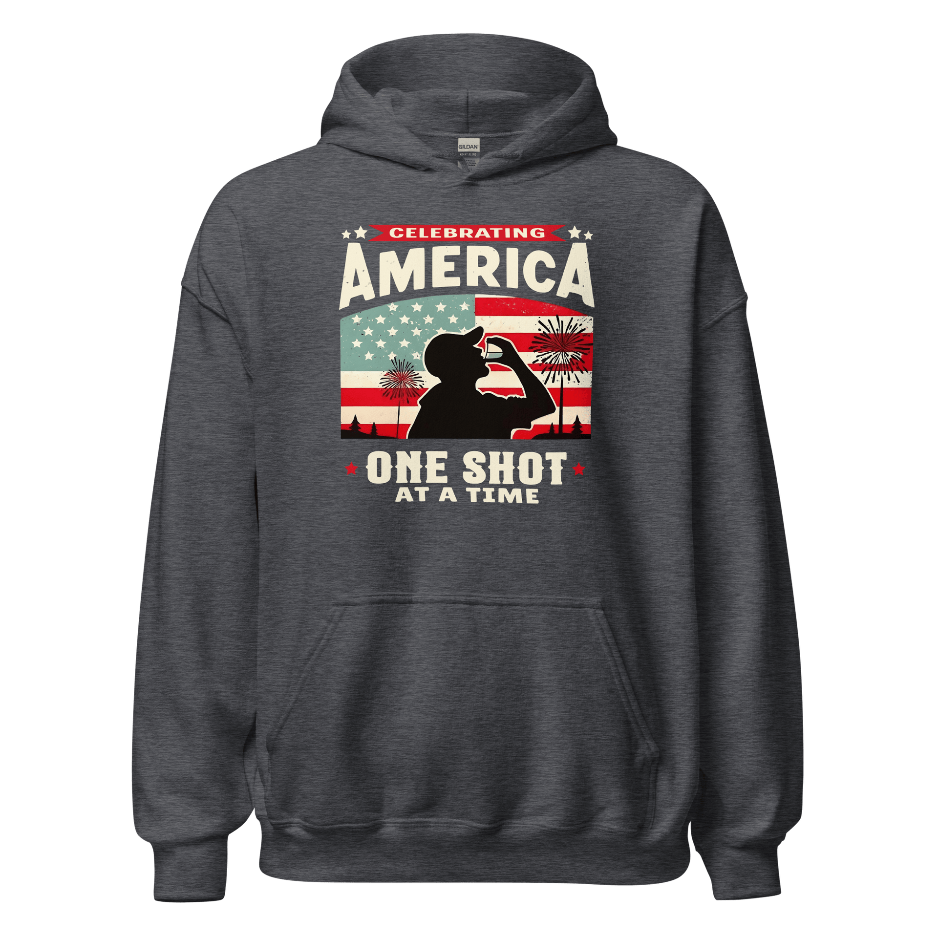 Hoodie with Celebrating America One Shot at a Time text, silhouette of a man drinking a shot, and distressed American flag background. Perfect for 4th of July.