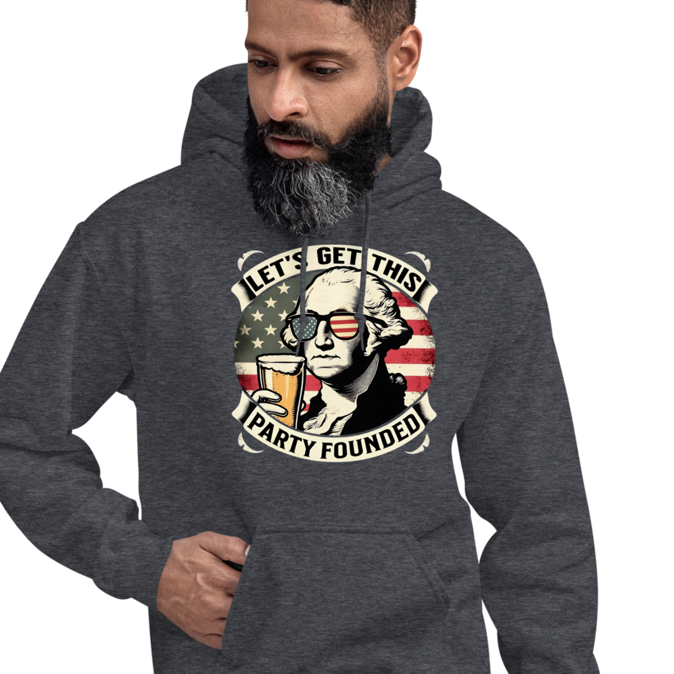 Celebrate Independence Day with our George Washington beer hoodie. Perfect for 4th of July, cool nights, and casual outings. High-quality and patriotic.