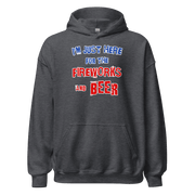 Charcoal hoodie with "I'm Just Here for the Fireworks and Beer" slogan in red, white, and blue text