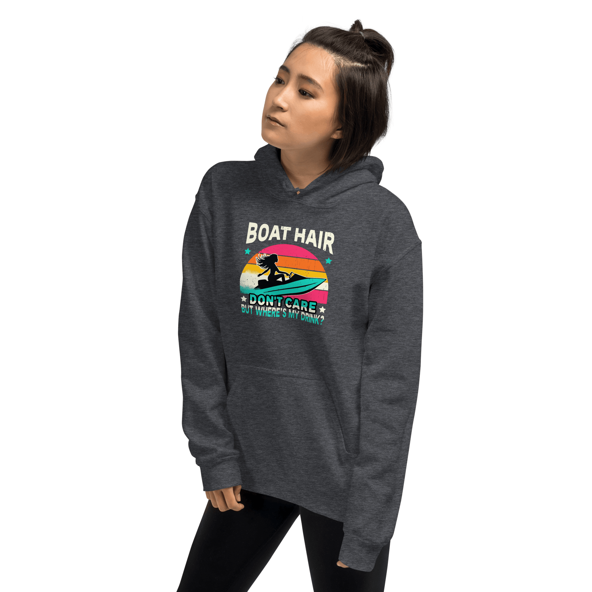 Hoodie featuring "Boar Hair Don't Care, But Where's My Drink?" with a woman on a jet ski and a retro sunset.