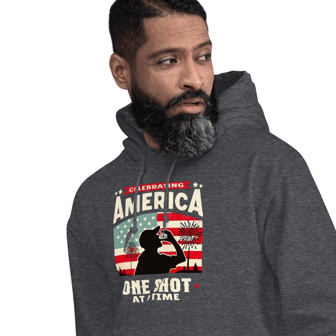 Hoodie with Celebrating America One Shot at a Time text, silhouette of a man drinking a shot, and distressed American flag background. Perfect for 4th of July.