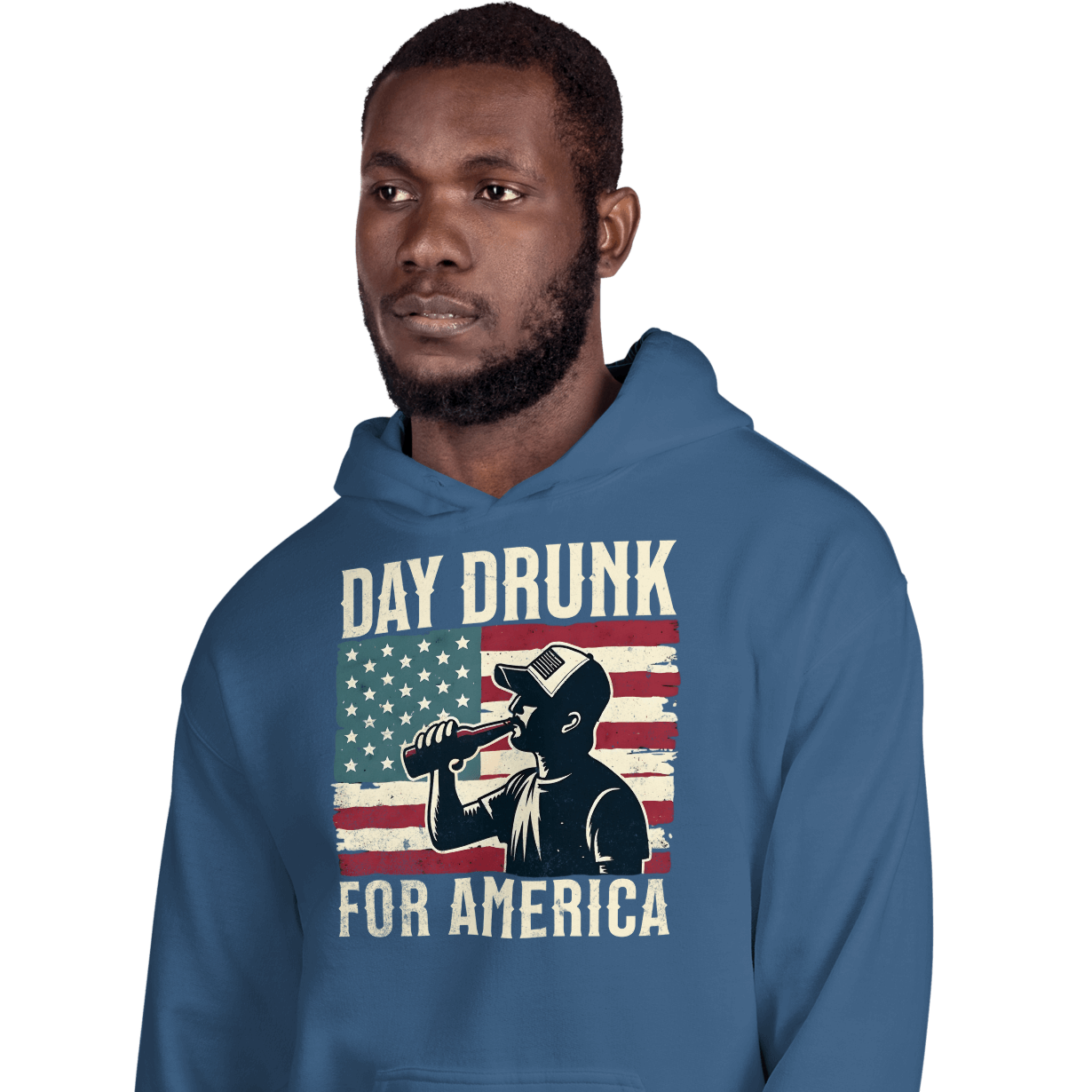 Hoodie with Day Drunk for America text, silhouette of a man drinking a bottle of beer, and distressed American flag background. Perfect for 4th of July.