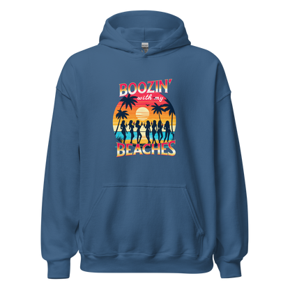 Group of women enjoying cocktails on the beach, featured on 'Boozin' with My Beaches' hoodie