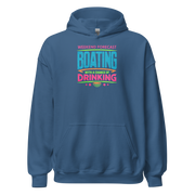 Cozy hoodie with "Weekend Forecast: Boating with a Chance of Drinking" in bright blue, pink, and green colors, perfect for chilly boating days.