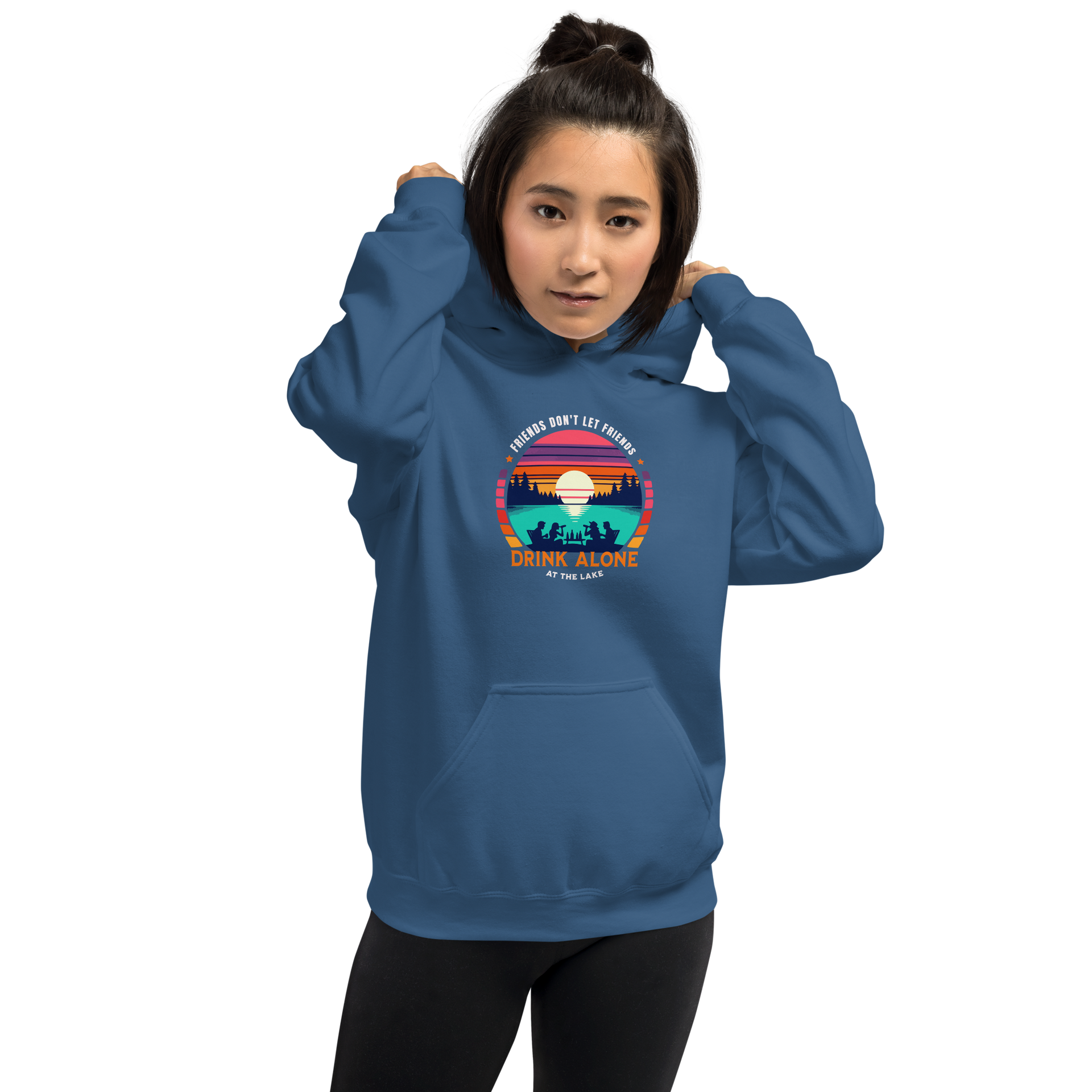 Hoodie with "Friends Don't Let Friends Drink Alone at the Lake," showing people, a lake, and a sunset.