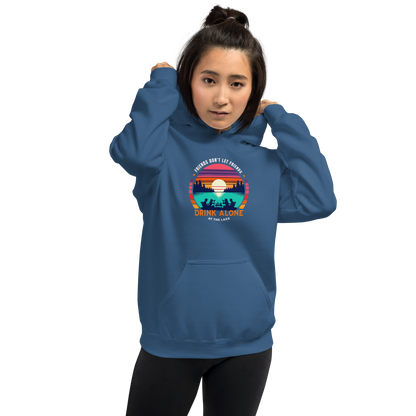 Hoodie with "Friends Don't Let Friends Drink Alone at the Lake," showing people, a lake, and a sunset.