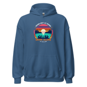 Hoodie with "Friends Don't Let Friends Drink Alone at the Lake," showing people, a lake, and a sunset.