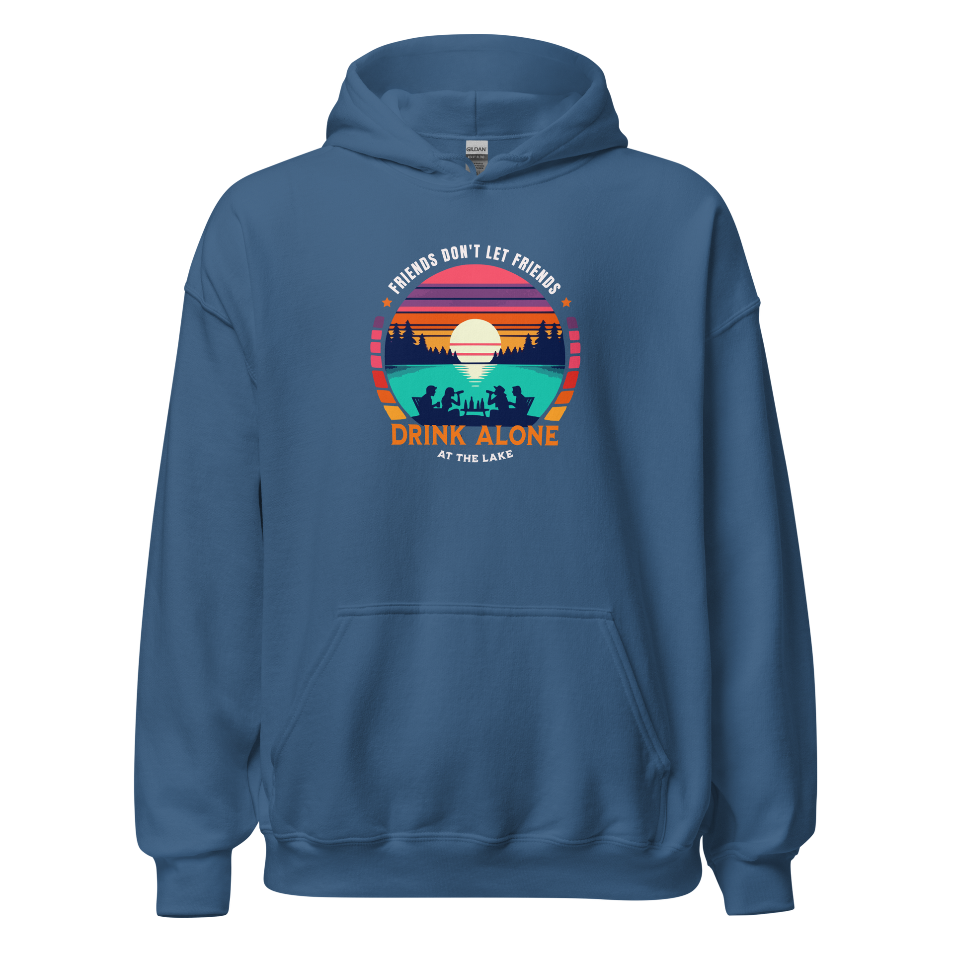 Hoodie with "Friends Don't Let Friends Drink Alone at the Lake," showing people, a lake, and a sunset.