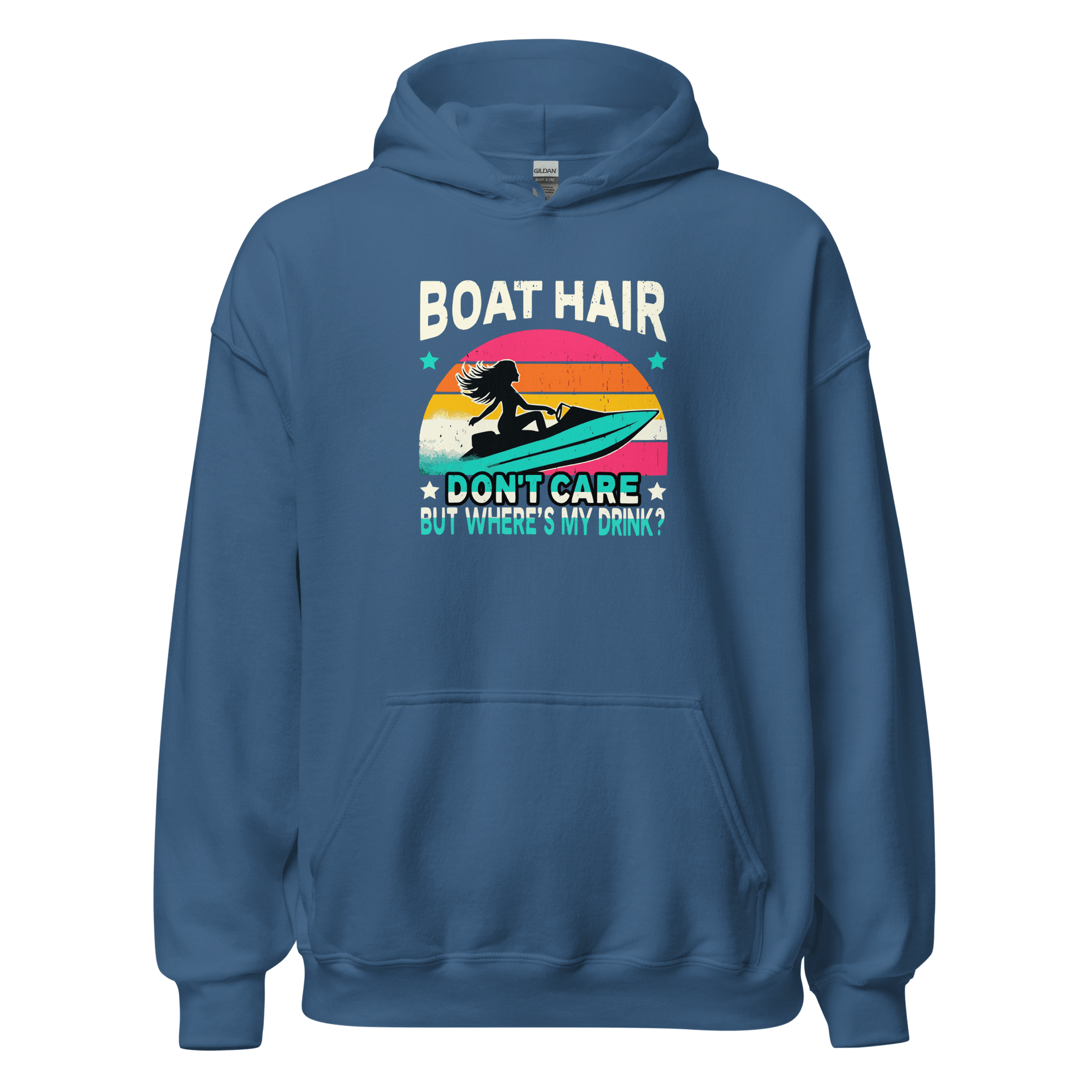 Hoodie featuring "Boar Hair Don't Care, But Where's My Drink?" with a woman on a jet ski and a retro sunset.