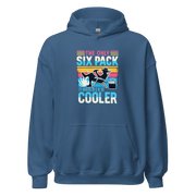 Hoodie featuring "The Only Six-Pack I'm Working On Is In The Cooler" with an illustration of a man lounging with a beer.