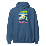 Hoodie with "Lake Days Are Made for Sipping and Dipping," showing a woman on a tube float with a cocktail, lake and sunset scene.