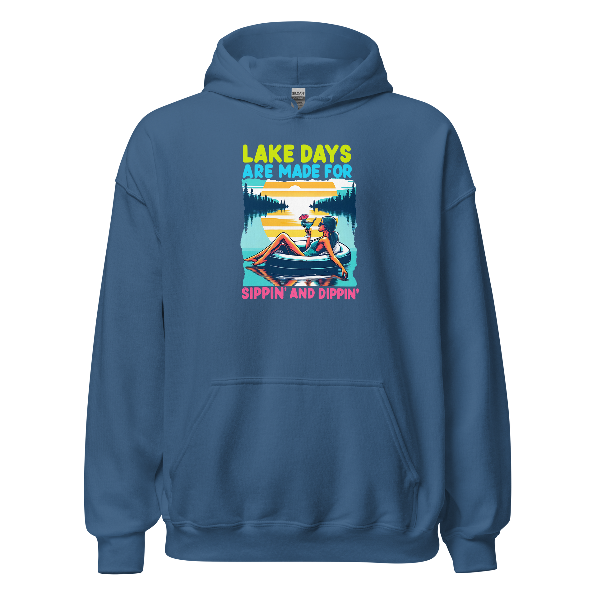 Hoodie with "Lake Days Are Made for Sipping and Dipping," showing a woman on a tube float with a cocktail, lake and sunset scene.