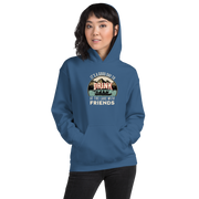 Hoodie with "It's a Good Day to Drink at the Lake with Friends," depicting people on a boat, lake and mountain scenery.