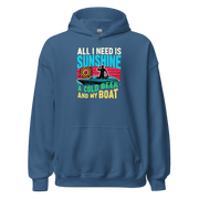 Hoodie with "All I Need Is Sunshine, a Cold Beer, and My Boat," showing a man in a boat during a retro sunset.