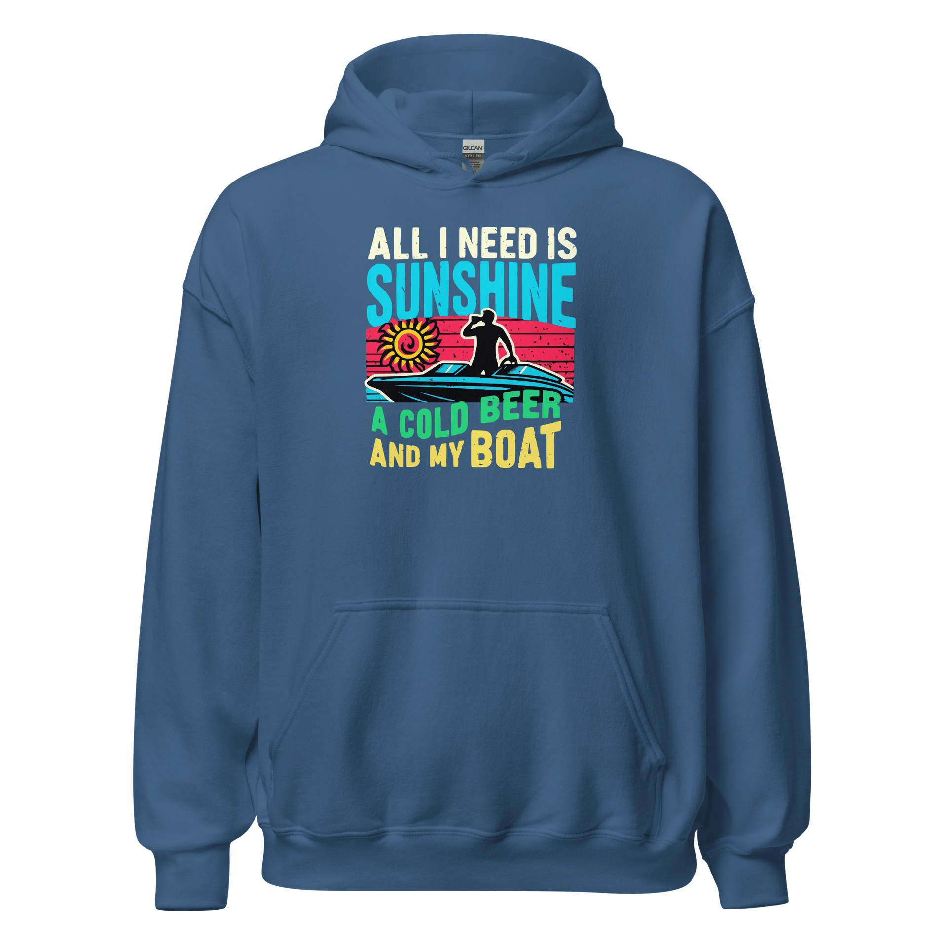 Hoodie with "All I Need Is Sunshine, a Cold Beer, and My Boat," showing a man in a boat during a retro sunset.