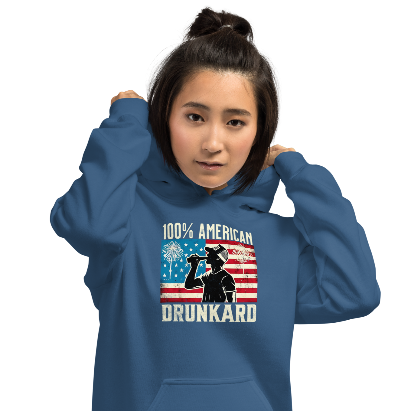 4th of July Hoodie with '100% American Drunkard' text, man drinking a bottle of beer wearing a trucker hat, and distressed American flag background