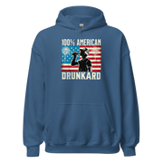 4th of July Hoodie with '100% American Drunkard' text, man drinking a bottle of beer wearing a trucker hat, and distressed American flag background