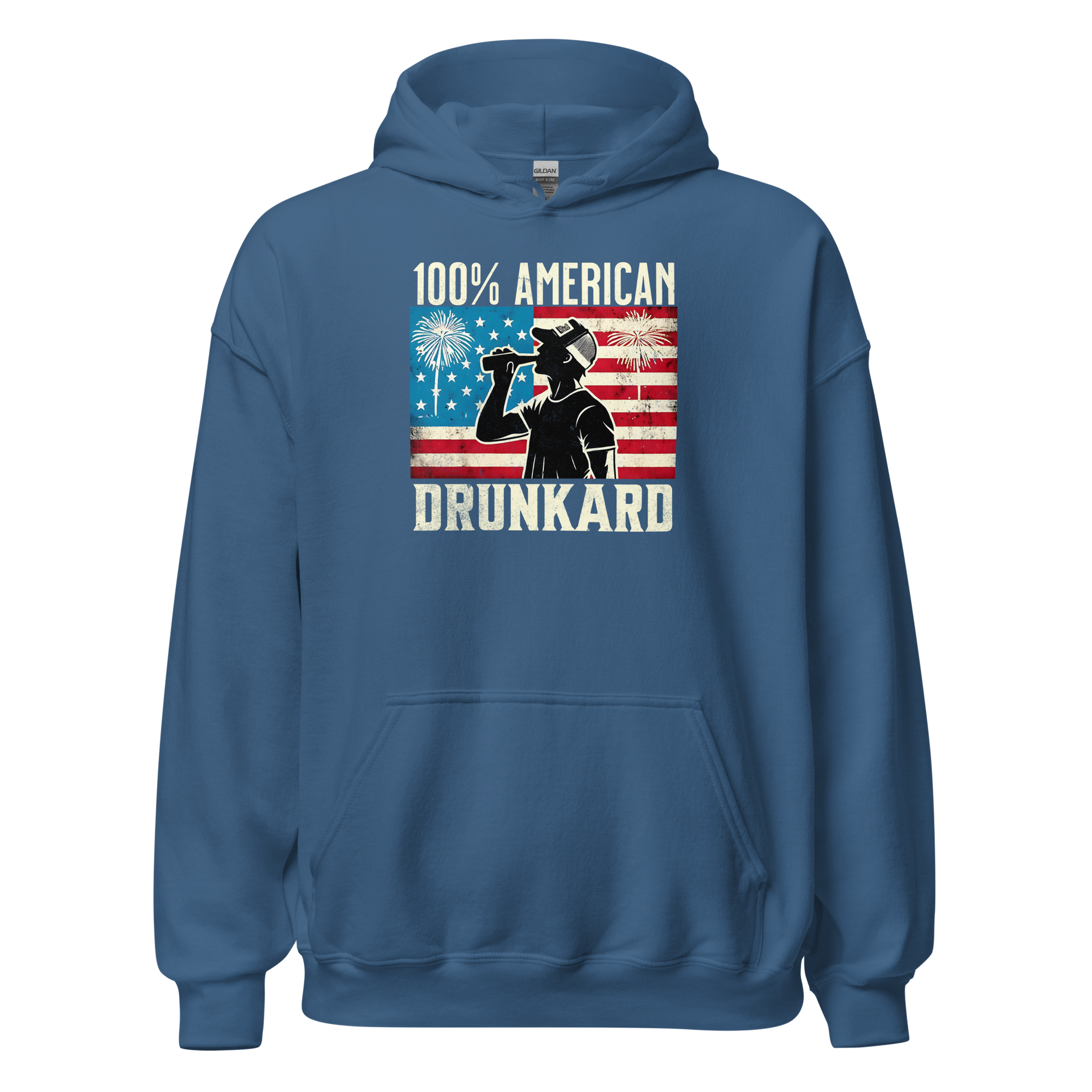 4th of July Hoodie with '100% American Drunkard' text, man drinking a bottle of beer wearing a trucker hat, and distressed American flag background