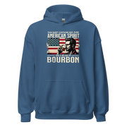 Hoodie with 'This Shirt Contains 100% American Spirit and a Splash of Bourbon' text, man drinking a glass of bourbon, and distressed American flag background