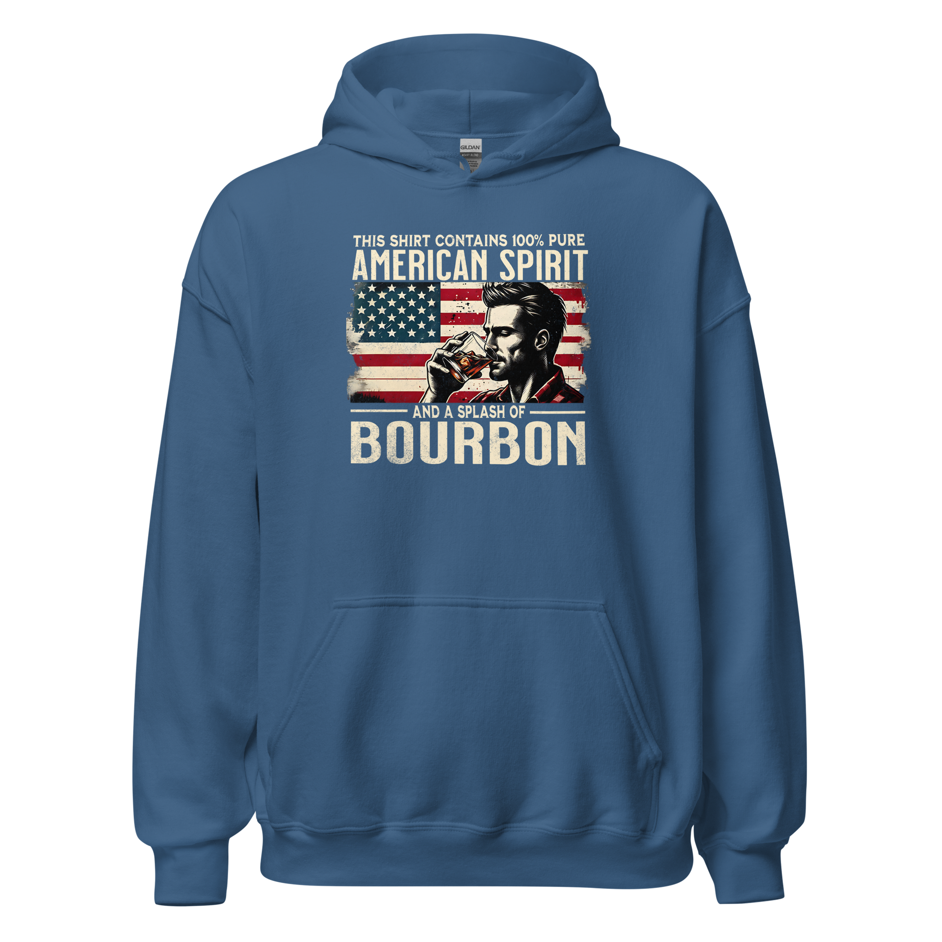 Hoodie with 'This Shirt Contains 100% American Spirit and a Splash of Bourbon' text, man drinking a glass of bourbon, and distressed American flag background