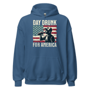 Hoodie with Day Drunk for America text, silhouette of a man drinking a bottle of beer, and distressed American flag background. Perfect for 4th of July.