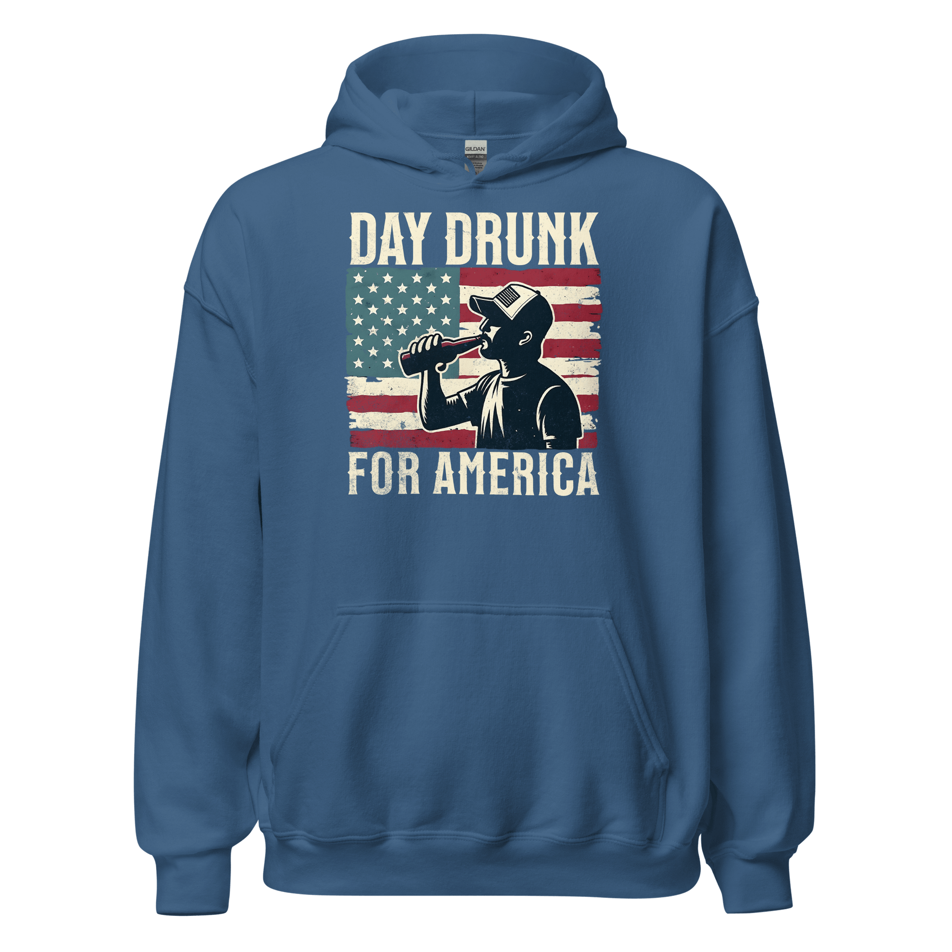 Hoodie with Day Drunk for America text, silhouette of a man drinking a bottle of beer, and distressed American flag background. Perfect for 4th of July.