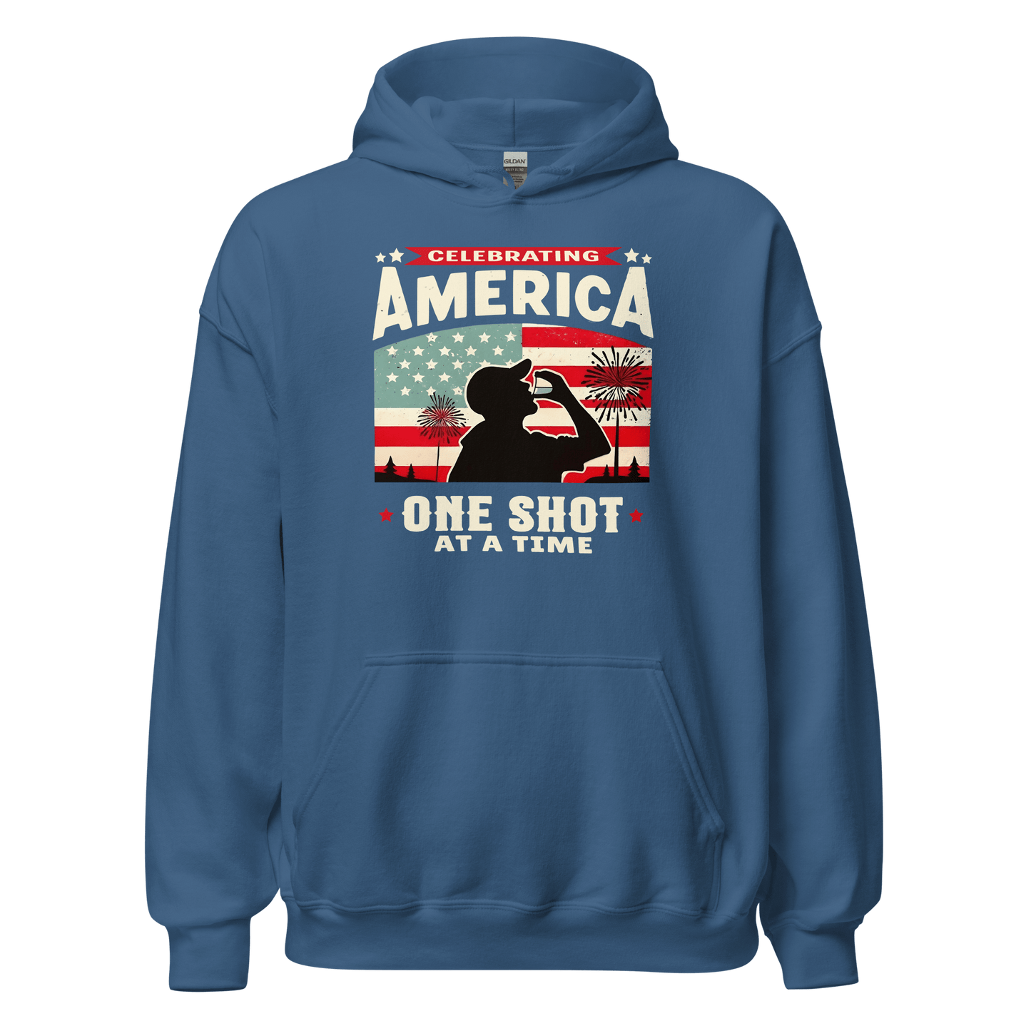 Hoodie with Celebrating America One Shot at a Time text, silhouette of a man drinking a shot, and distressed American flag background. Perfect for 4th of July.