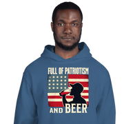 Hoodie with Full of Patriotism and Beer text and a distressed American flag background. Perfect for 4th of July.