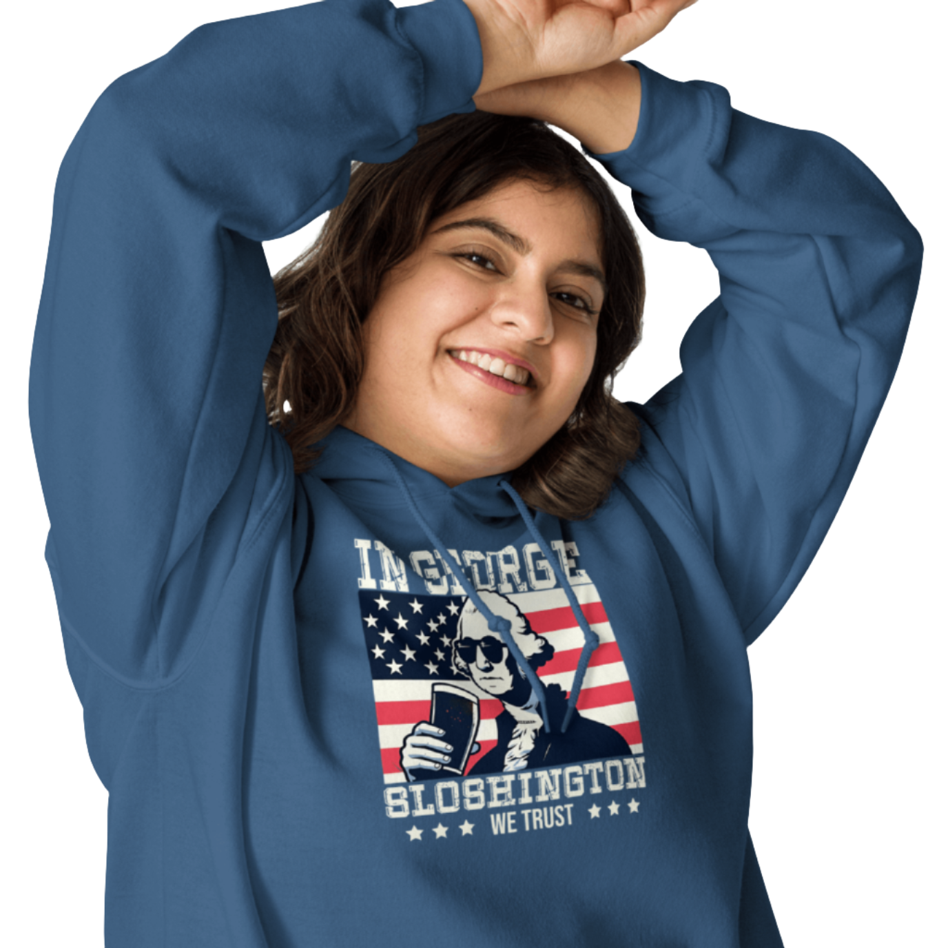 Celebrate 4th of July in style with the In George Sloshington We Trust hoodie. Perfect for festivities and casual outings with a patriotic and fun twist.