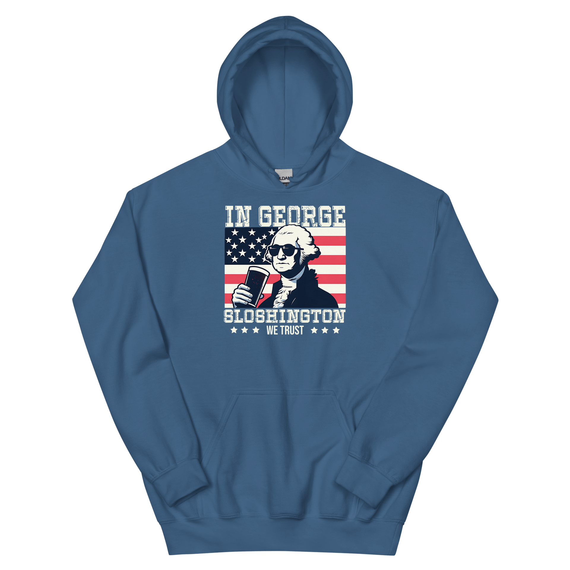 Celebrate 4th of July in style with the In George Sloshington We Trust hoodie. Perfect for festivities and casual outings with a patriotic and fun twist.