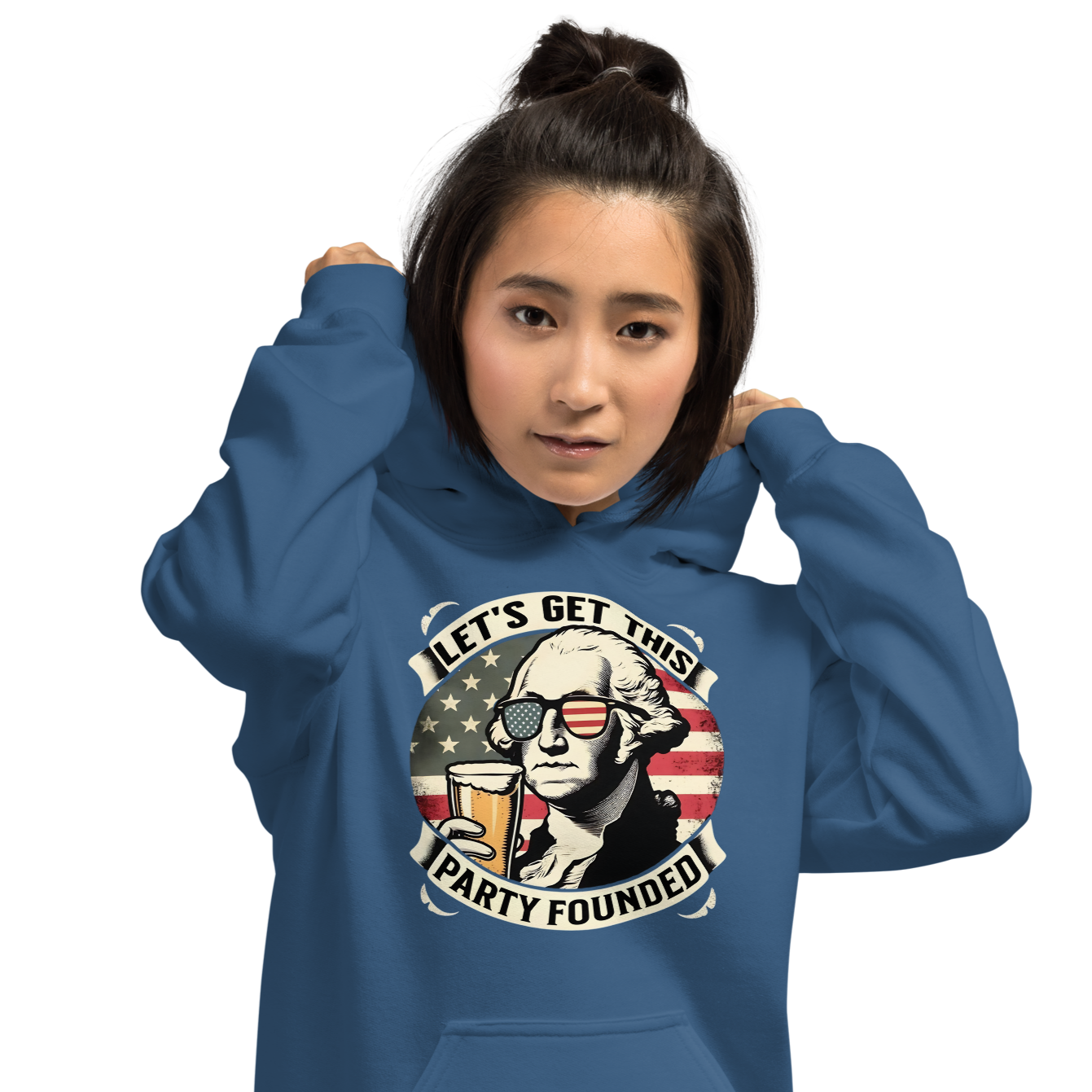 Celebrate Independence Day with our George Washington beer hoodie. Perfect for 4th of July, cool nights, and casual outings. High-quality and patriotic.