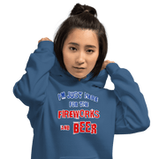 Woman wearing a blue "I'm Just Here for the Fireworks and Beer" hoodie, ideal for cool evenings, made of soft 50% cotton and 50% polyester.