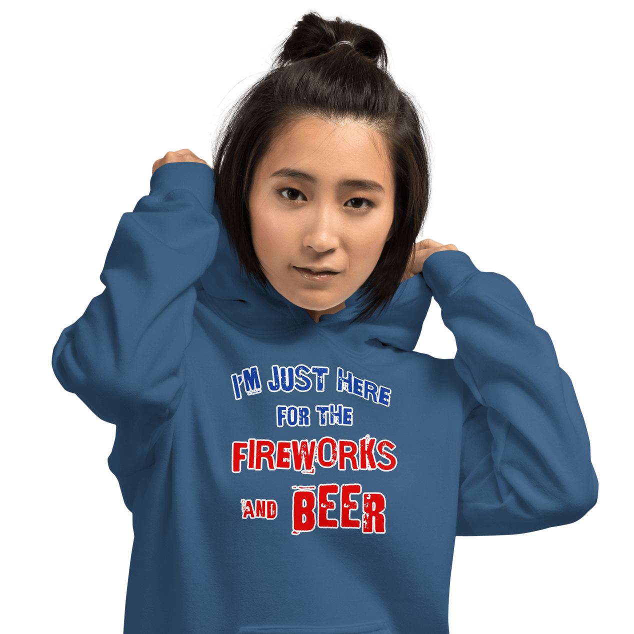 Woman wearing a blue "I'm Just Here for the Fireworks and Beer" hoodie, ideal for cool evenings, made of soft 50% cotton and 50% polyester.