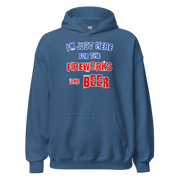 Blue hoodie with "I'm Just Here for the Fireworks and Beer" text in white, red, and blue.