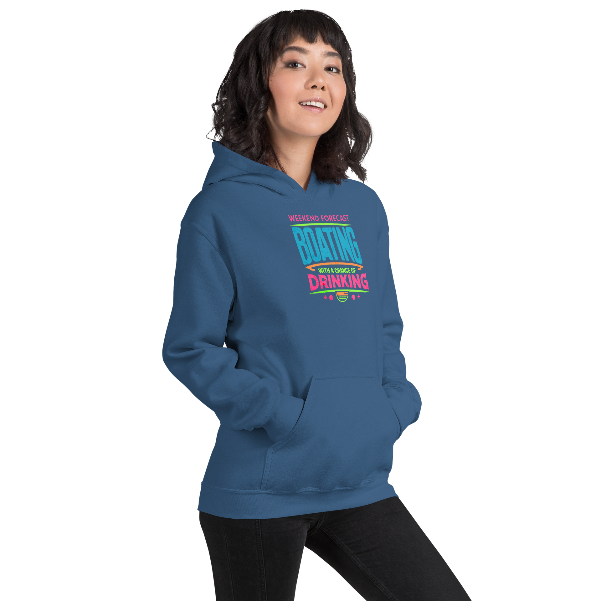 Cozy hoodie with "Weekend Forecast: Boating with a Chance of Drinking" in bright blue, pink, and green colors, perfect for chilly boating days.