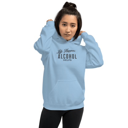 Life Happens Alcohol Helps Hoodie - Stay Cozy & Stylish Discover your new favorite hoodie - perfect for those cool evenings with a touch of humor. Soft, stylish, and humorously relatable.