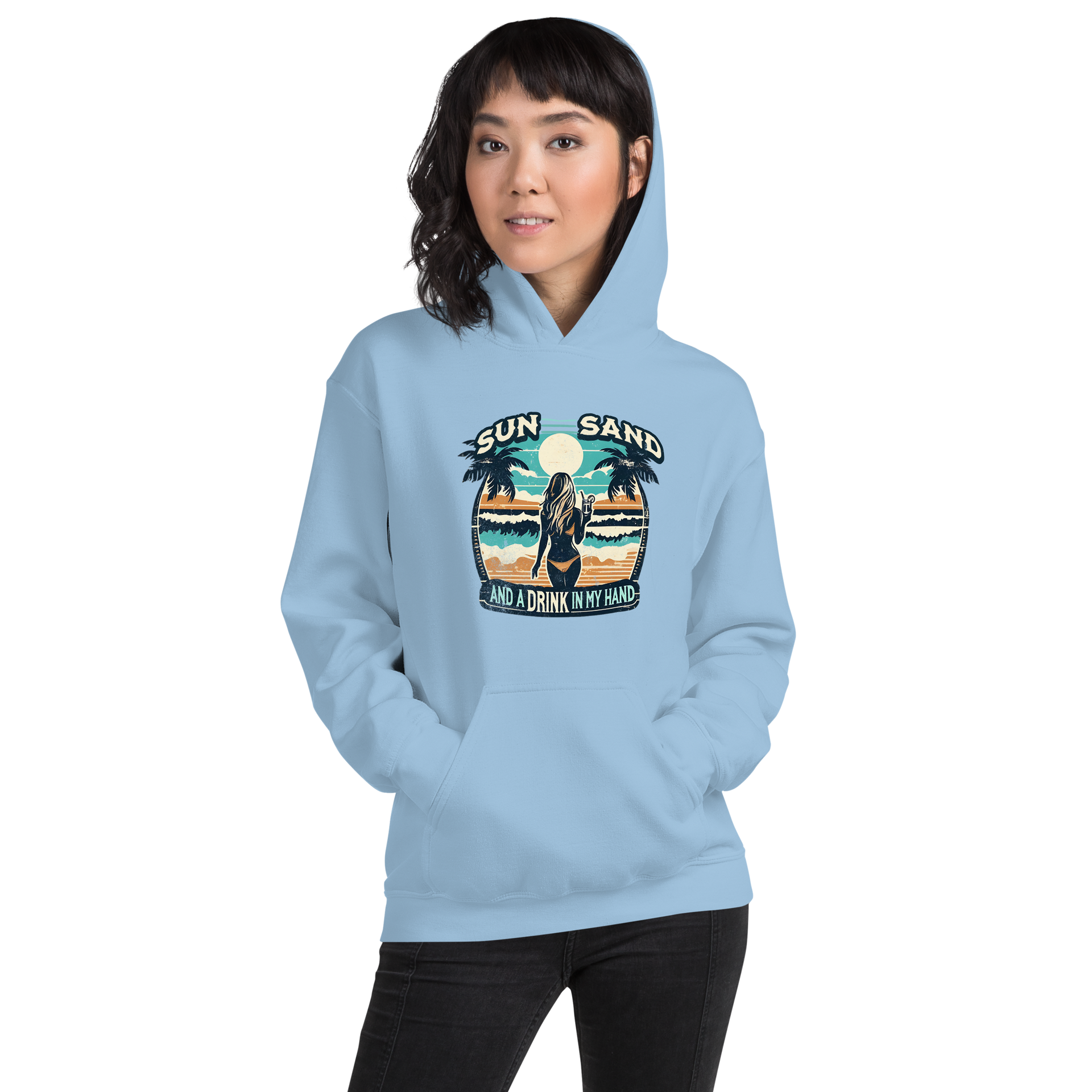 Woman enjoying a cocktail on the beach depicted on 'Sun, Sand, and a Drink in My Hand' hoodie.