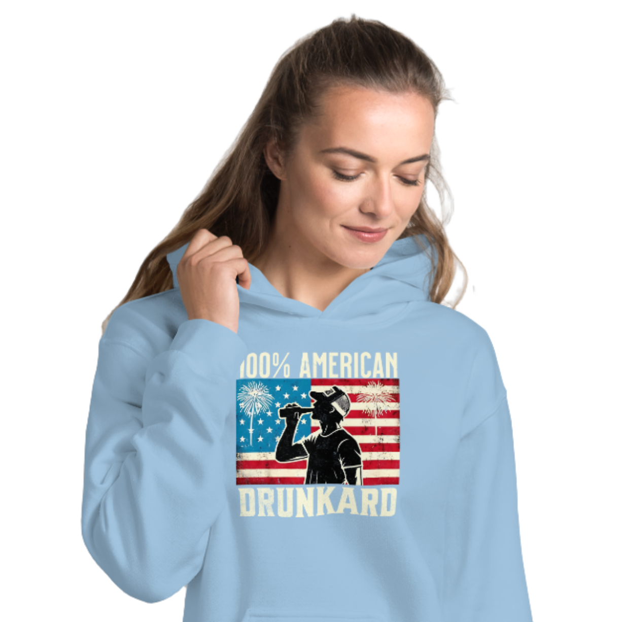 4th of July Hoodie with '100% American Drunkard' text, man drinking a bottle of beer wearing a trucker hat, and distressed American flag background