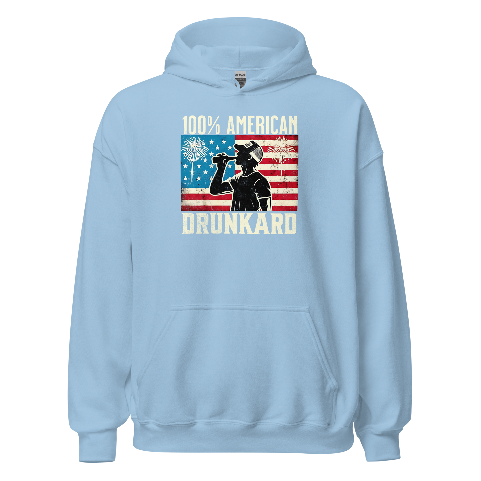 4th of July Hoodie with '100% American Drunkard' text, man drinking a bottle of beer wearing a trucker hat, and distressed American flag background