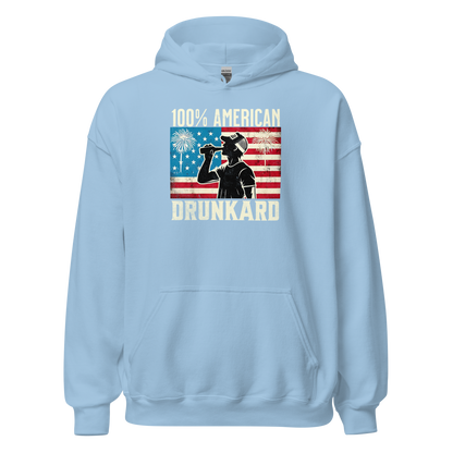 4th of July Hoodie with '100% American Drunkard' text, man drinking a bottle of beer wearing a trucker hat, and distressed American flag background