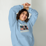 Hoodie with 'This Shirt Contains 100% American Spirit and a Splash of Bourbon' text, man drinking a glass of bourbon, and distressed American flag background