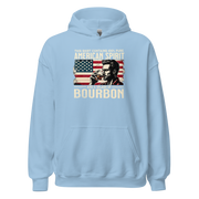 Hoodie with 'This Shirt Contains 100% American Spirit and a Splash of Bourbon' text, man drinking a glass of bourbon, and distressed American flag background