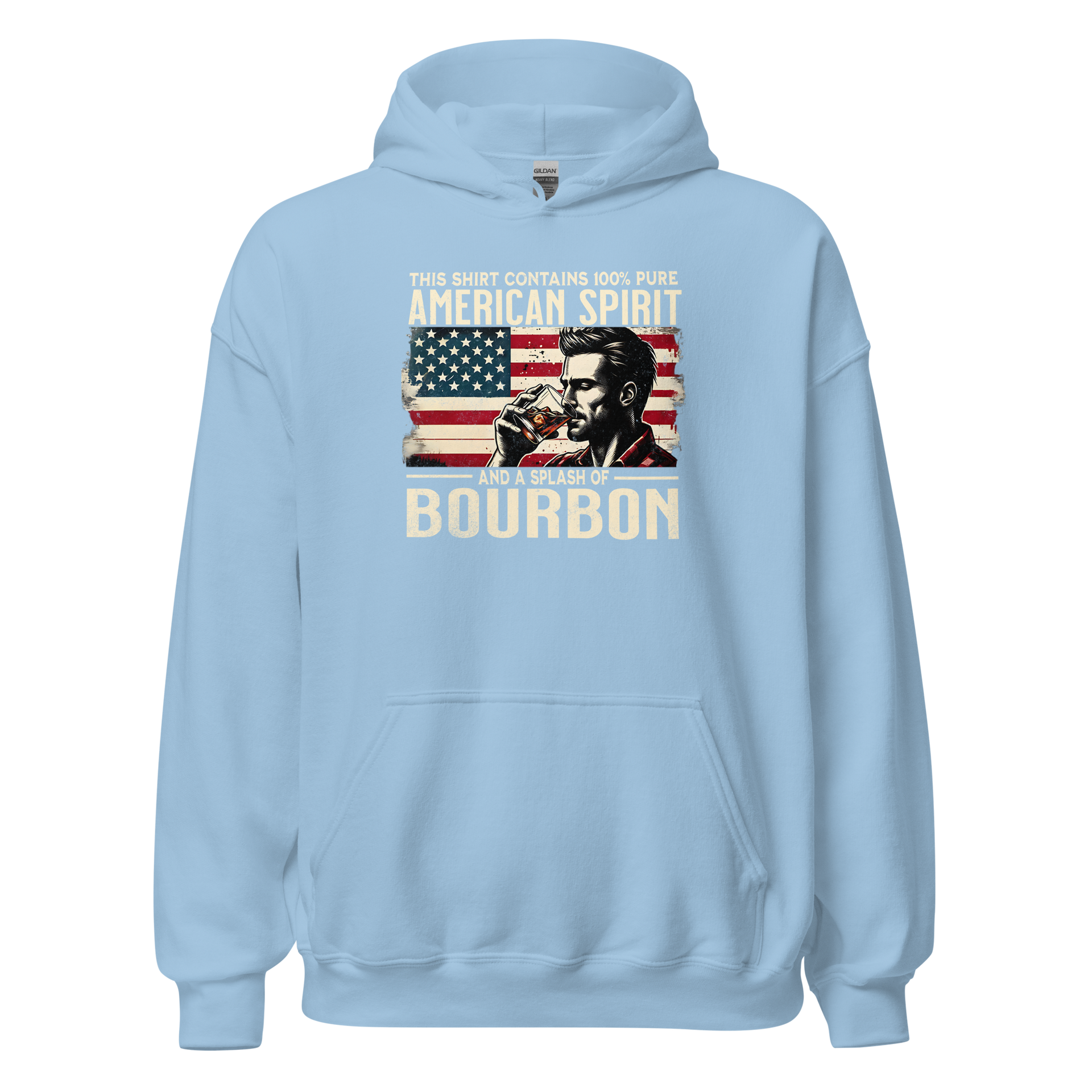 Hoodie with 'This Shirt Contains 100% American Spirit and a Splash of Bourbon' text, man drinking a glass of bourbon, and distressed American flag background