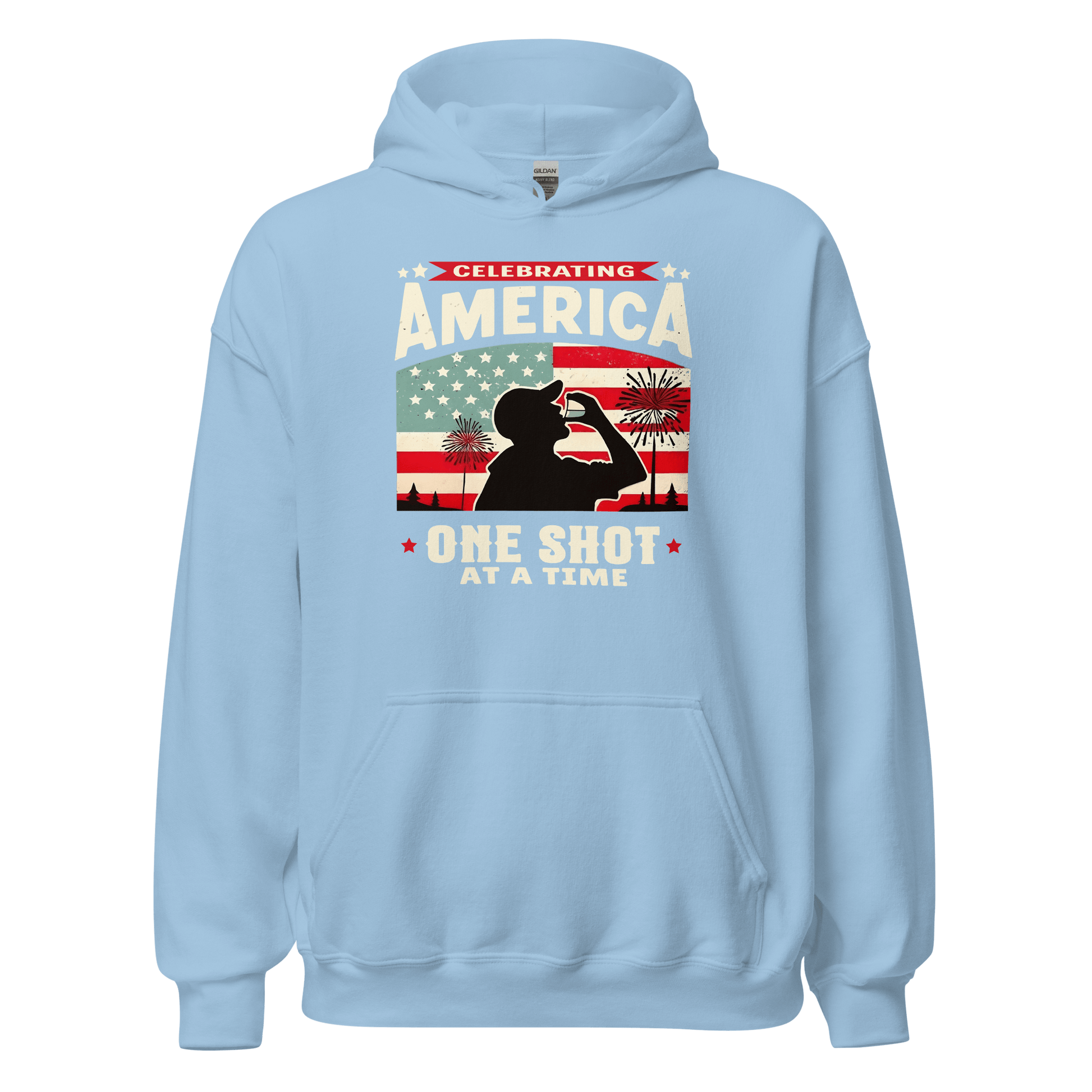Hoodie with Celebrating America One Shot at a Time text, silhouette of a man drinking a shot, and distressed American flag background. Perfect for 4th of July.